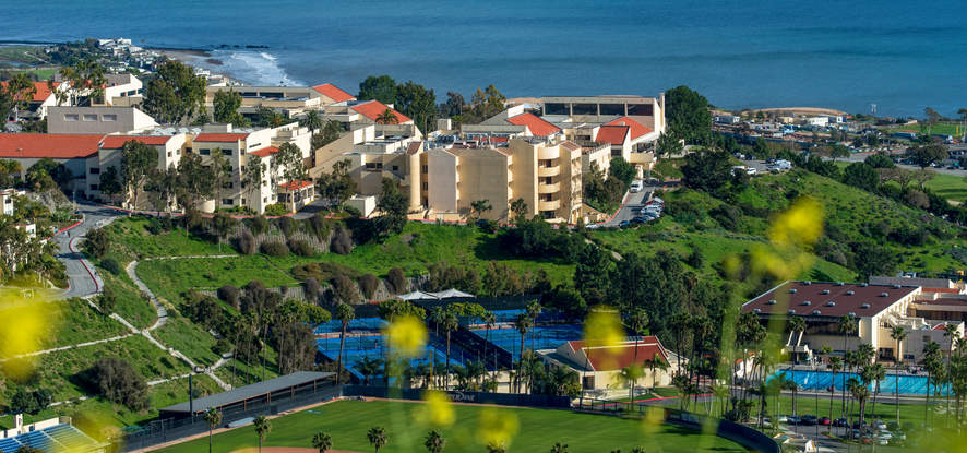 Aerial shot of the Pepperdine Malibu campus, including the ocean